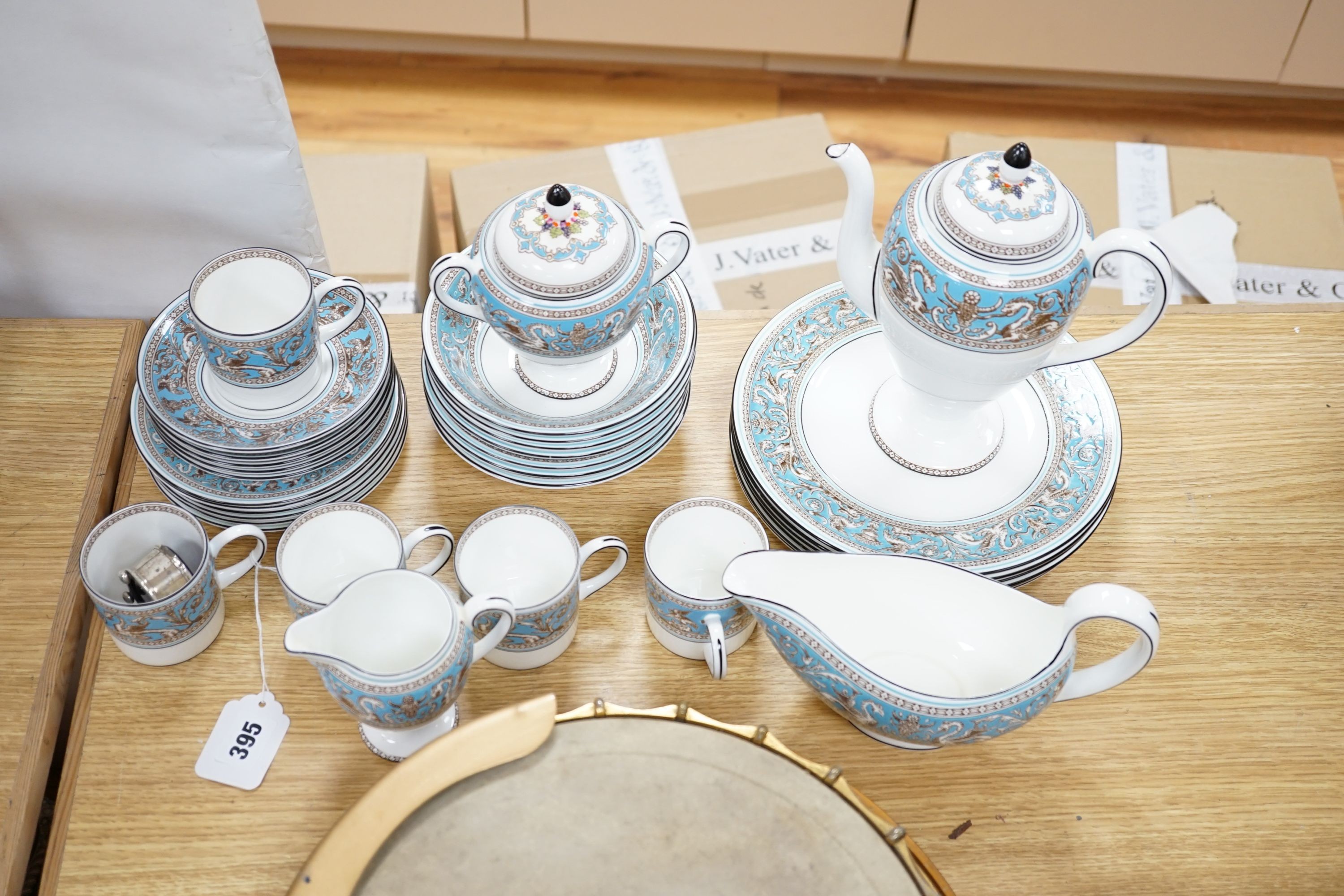 A Wedgwood Florentine coffee and dinner wares and a silver salt